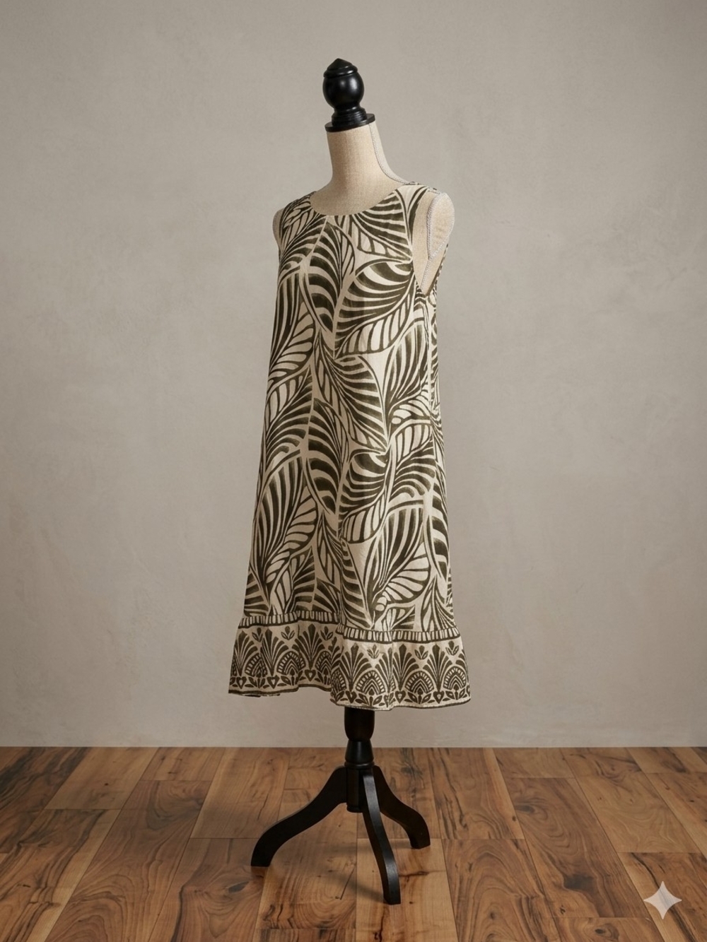 Florencia, Sleeveless Olive Leaf-Print Midi Dress in Cream